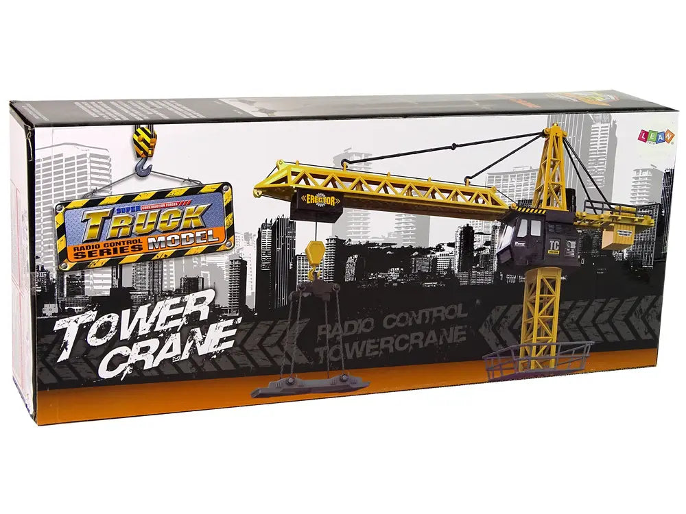 Ambalajul macaralei turn RC Lean Toys Truck Model Tower Crane, cu ilustrație de șantier și braț de macara.