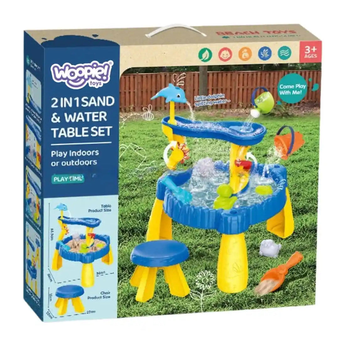 Ambalajul mesei Woopie XL 2 în 1 pentru apă și nisip, cu delfin, scăunel și accesorii.