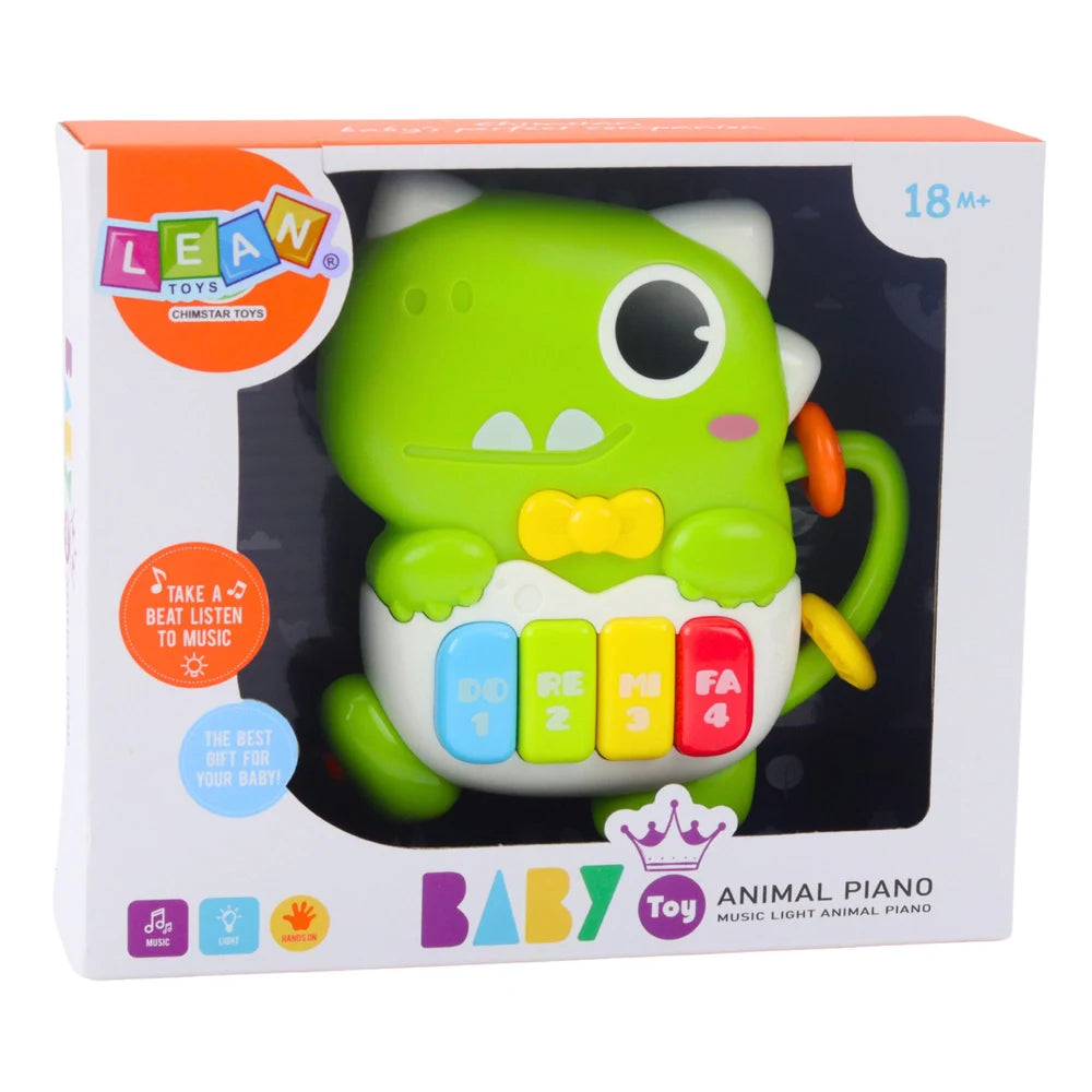 Ambalajul jucăriei Lean Toys Baby Toy Animal Piano, mini pian dinozaur verde recomandat 18+ luni.