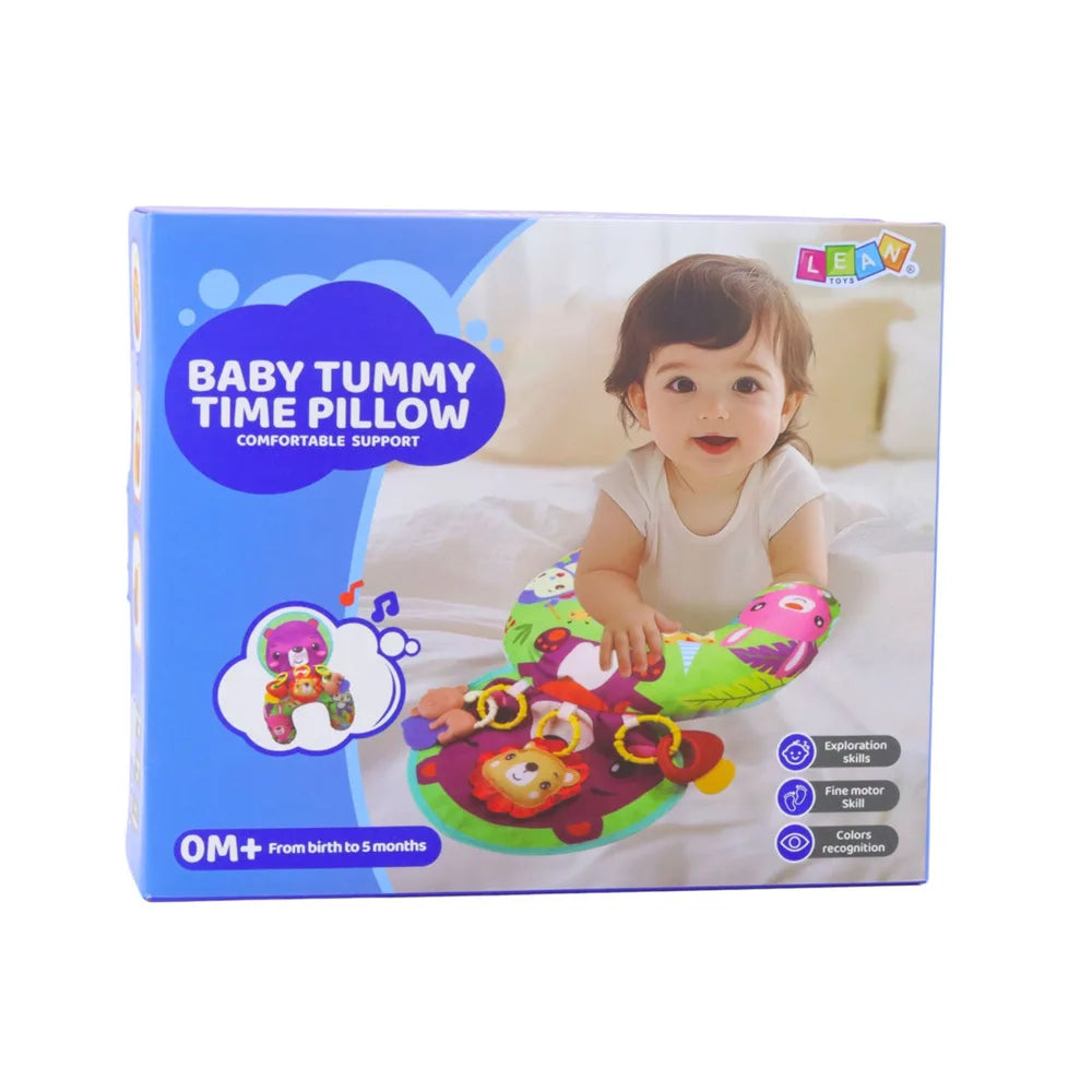 Ambalaj Baby Tummy Time Pillow Lean Toys, cu model Vulpița, recomandare 0M+ și suport pentru bebeluși.