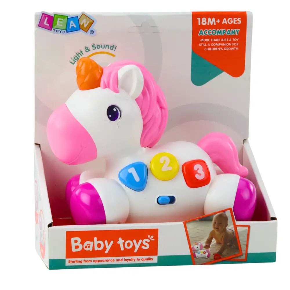 Ambalaj Lean Toys pentru jucăria interactivă Unicorn cu lumini și sunete, recomandată de la 18 luni.