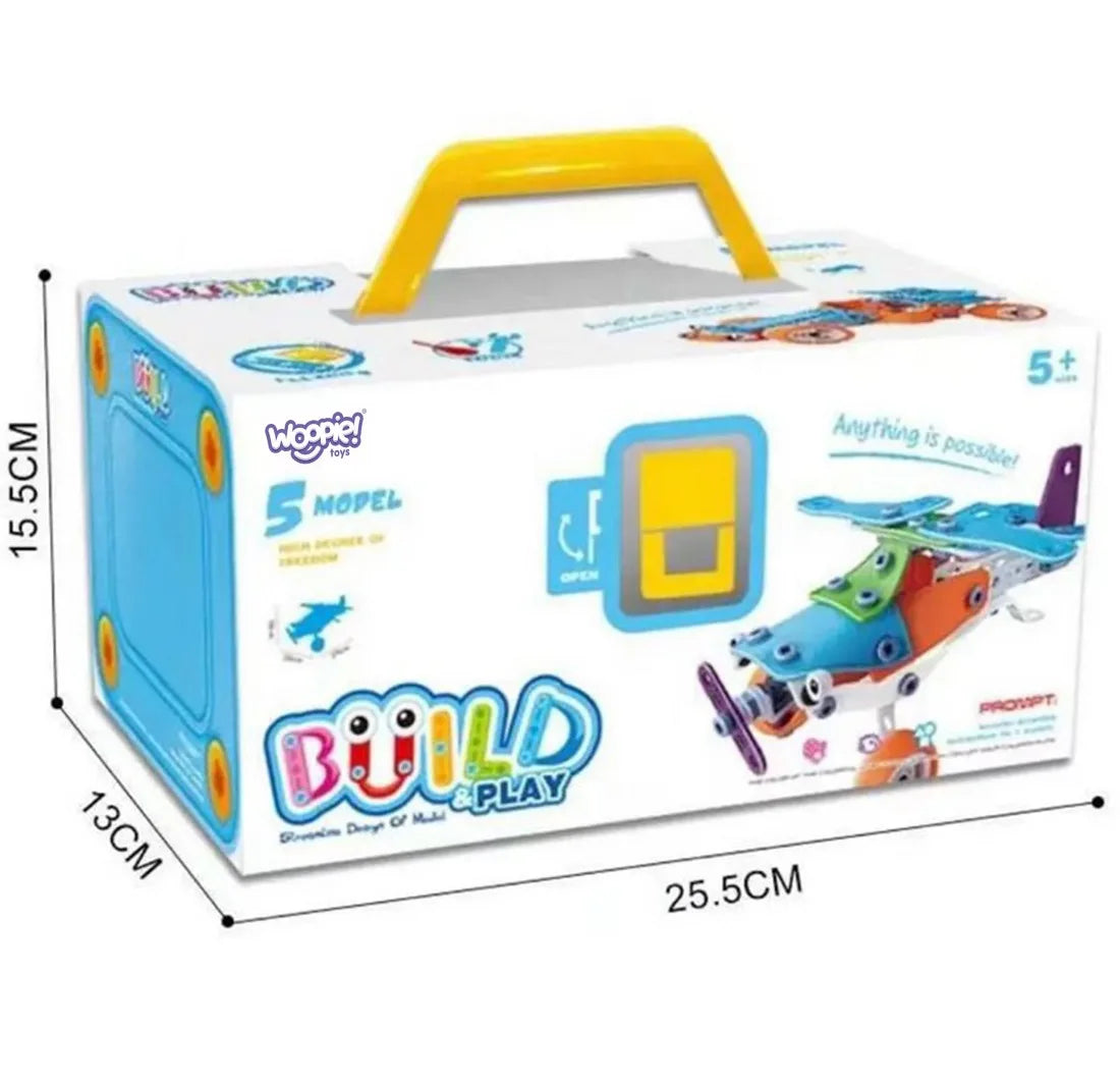 Cutia setului Woopie Build & Play 5 modele, cu mâner și dimensiuni aproximative 25,5 x 15,5 x 13 cm.