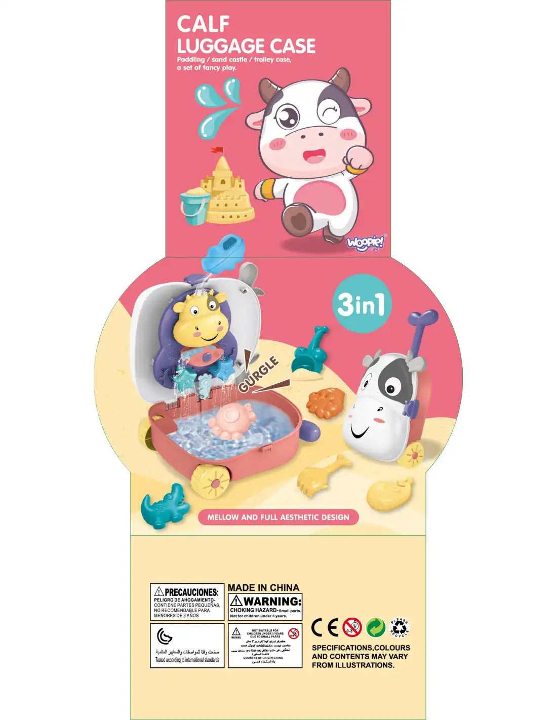 Ambalaj Woopie Calf Luggage Case 3 în 1, cu valiză Văcuță, joc de apă și accesorii de nisip.