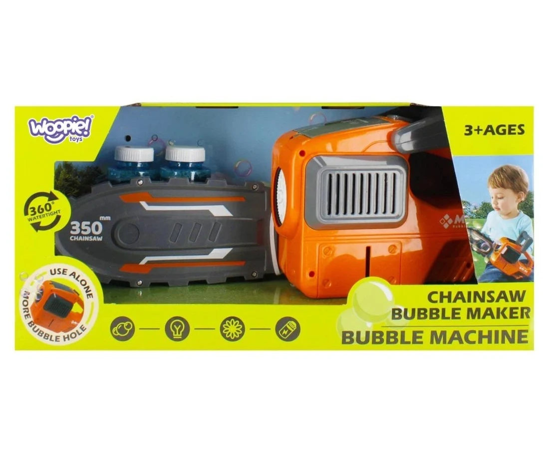 Ambalaj Woopie Chainsaw Bubble Maker pentru copii de la 3 ani, cu două soluții incluse.