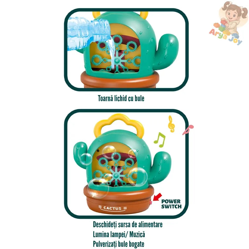 Ghid de utilizare Woopie Cactus Bubble: toarnă lichid, pornește alimentarea și pulverizează bule.