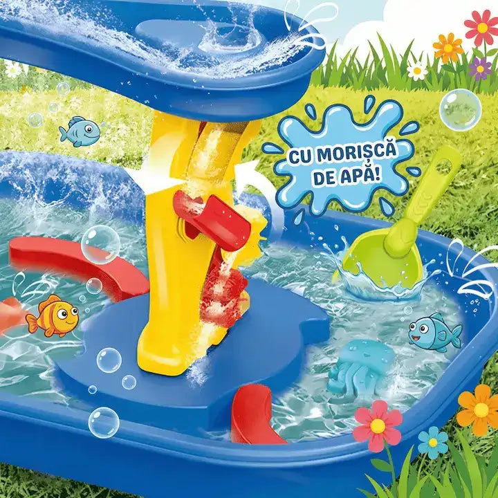 Prim-plan cu morișca de apă a bazinului Woopie, cu apă care curge pe coloana galbenă.
