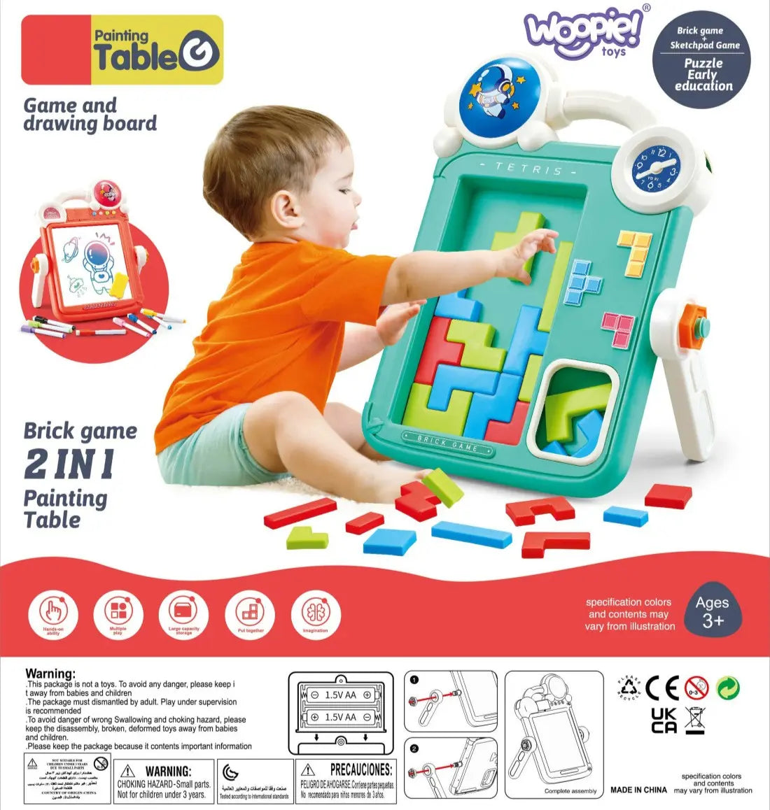 Set complet Woopie cu tablă 2 în 1, markere, burete, carduri și piese Tetris.