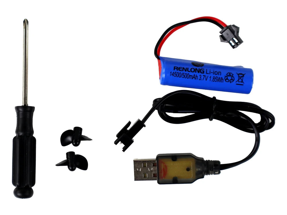 Accesorii pentru barca cu telecomandă: baterie, cablu USB, șurubelniță și elice de rezervă