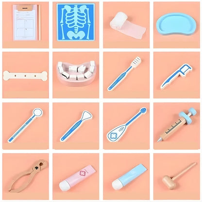 Colaj cu accesorii doctor și dentist Lean Toys, inclusiv radiografie, model dentar, periuțe, seringă și ciocănel.