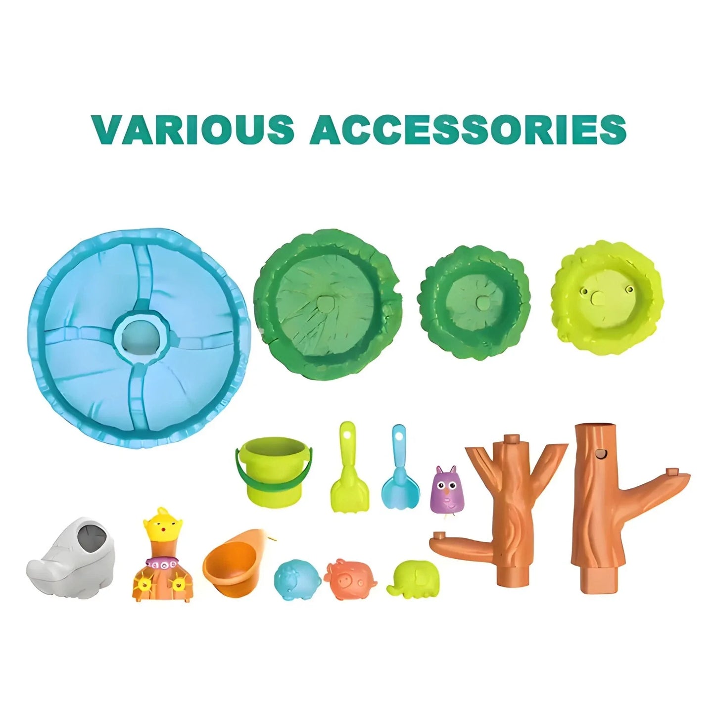 Accesoriile mesei Woopie Big Tree Water Table, cu tăvi, copac, găletușă, lopățele, forme și animale.