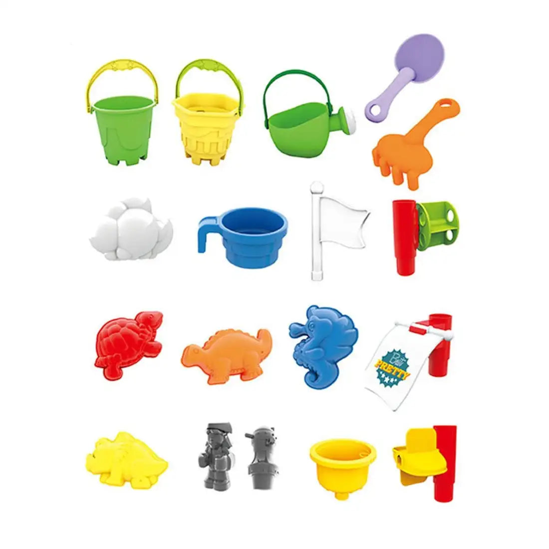 Accesoriile setului Woopie pentru nisip și apă, cu găletușe, stropitoare, forme, lopățică, greblă și figurine.
