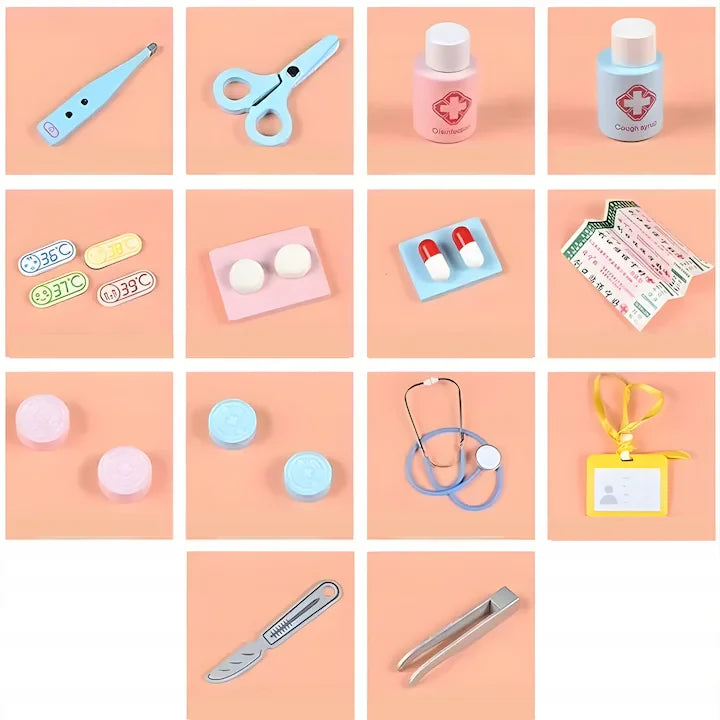 Colaj cu accesorii medicale Lean Toys, inclusiv stetoscop, termometru, flacoane, carduri și foarfecă.