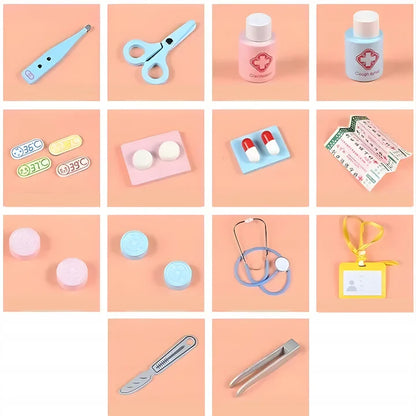 Colaj cu accesorii medicale Lean Toys, inclusiv stetoscop, termometru, flacoane, carduri și foarfecă.