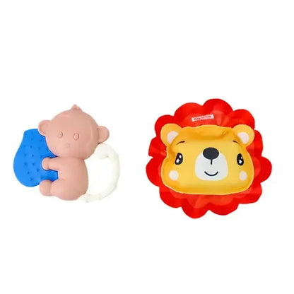 Accesorii senzoriale pentru perna de burtică Lean Toys, cu jucării moi și elemente de prins.