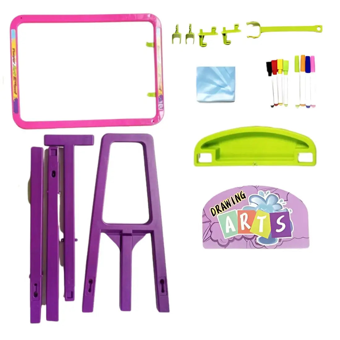Accesorii pentru tabla Woopie: markere, lavetă, poliță verde, elemente de montaj și suport.