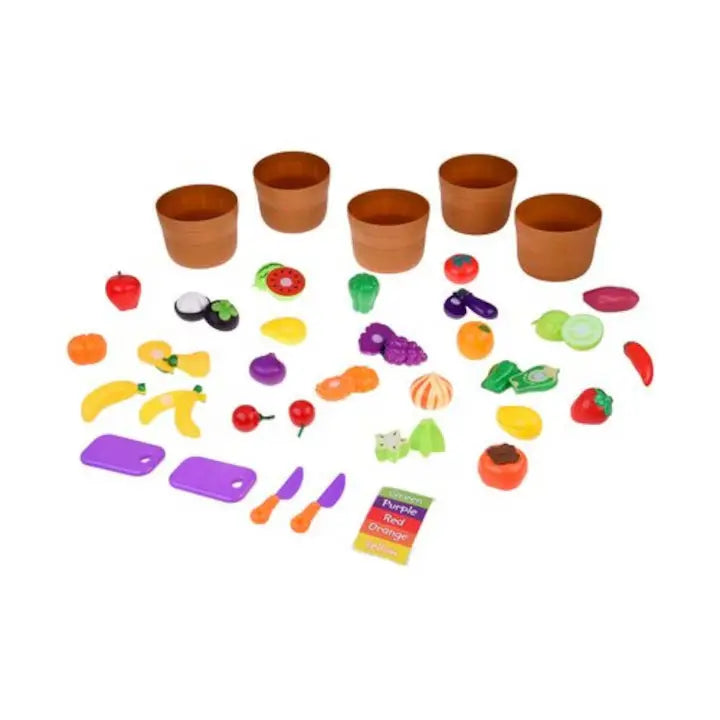Accesorii Lean Toys pentru joc de bucătărie, cu piese alimentare, cuțite, tocătoare și etichete de culori.