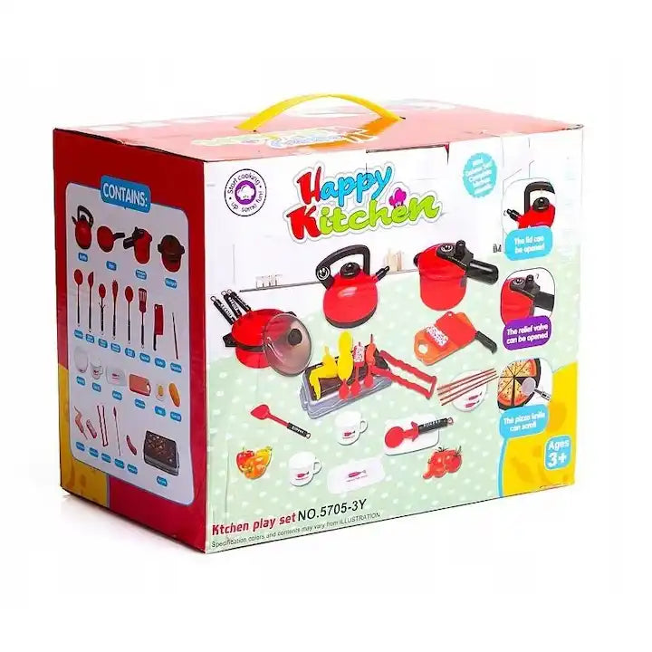 Accesorii de bucătărie Woopie Happy Kitchen cu oale roșii, tigaie, ceainic și ustensile.