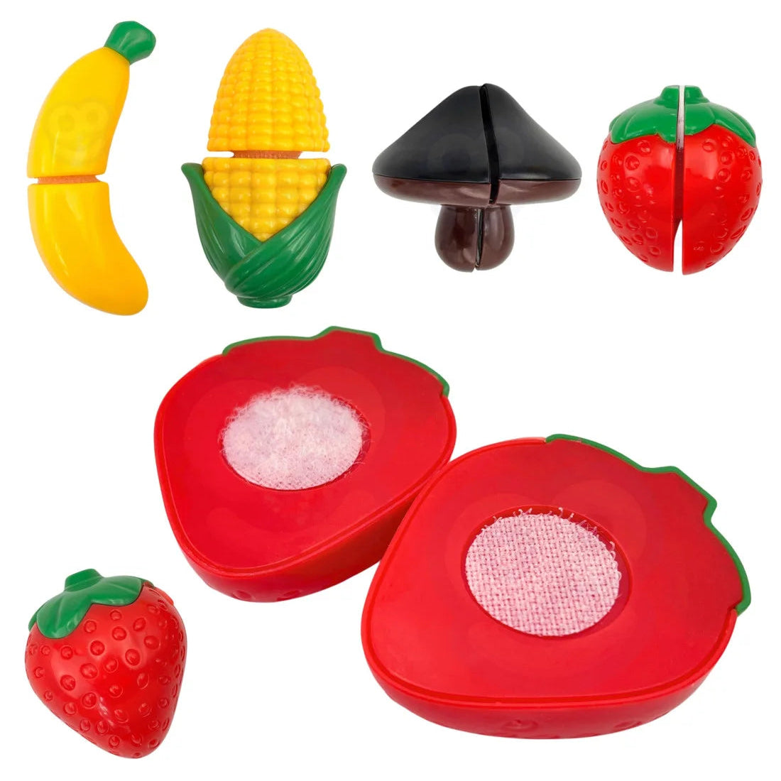 Alimente de jucărie Woopie cu velcro pentru tăiat, inclusiv banană, porumb, ciupercă și căpșună.