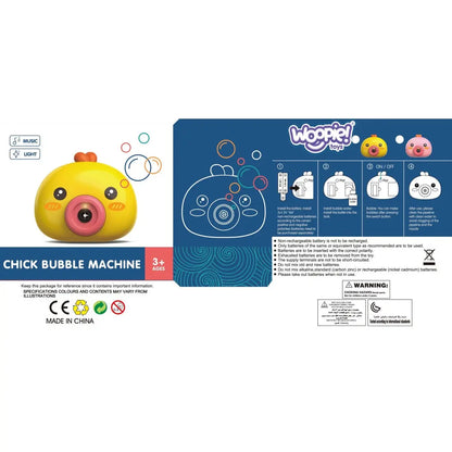 Ambalaj Woopie Chick Bubble Machine cu instructiuni, pictograme pentru muzica si lumina si avertisment 3+ ani.