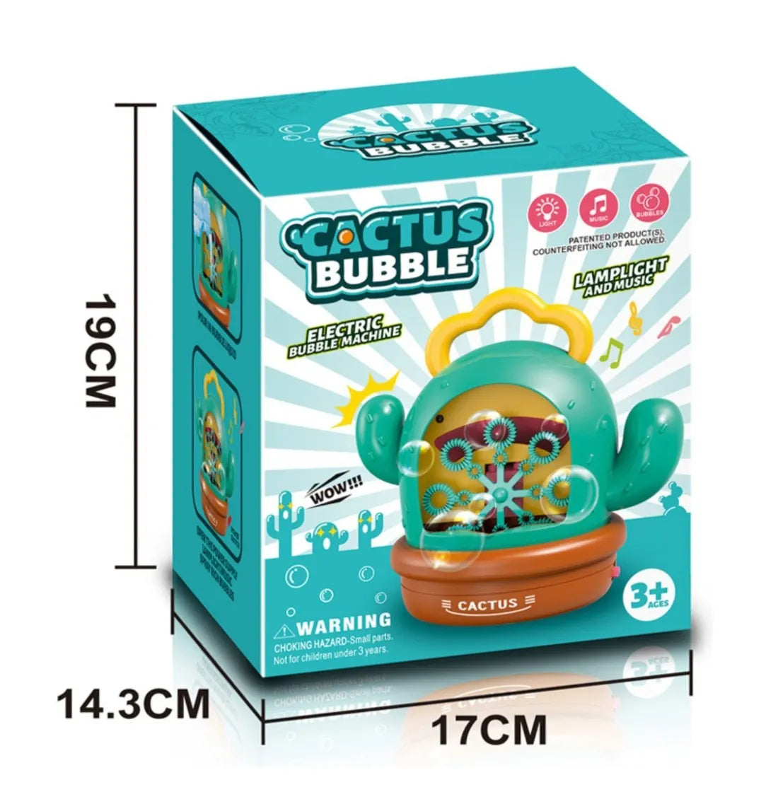 Ambalaj Cactus Bubble Woopie, electric bubble machine, cu dimensiuni 17 x 14,3 x 19 cm.