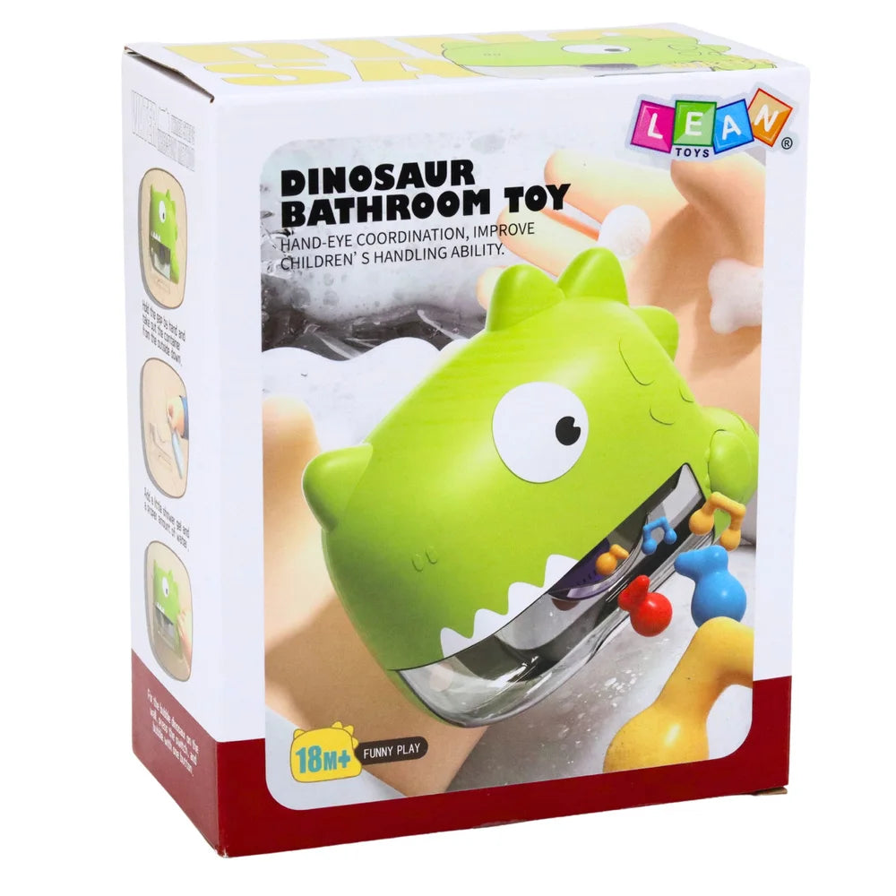 Ambalajul jucăriei Lean Toys Dinosaur Bathroom Toy, generator de spumă verde pentru baie.