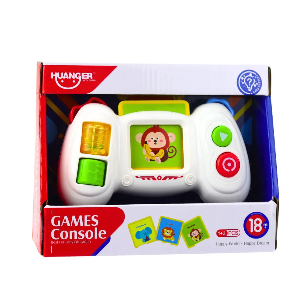 Ambalaj Huanger Games Console cu jucărie educativă, carduri și recomandare 18+ luni.