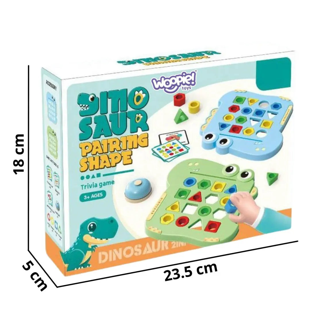 Ambalaj Woopie Dino Saur Pairing Shape cu dimensiuni aproximative 23,5 x 18 x 5 cm.