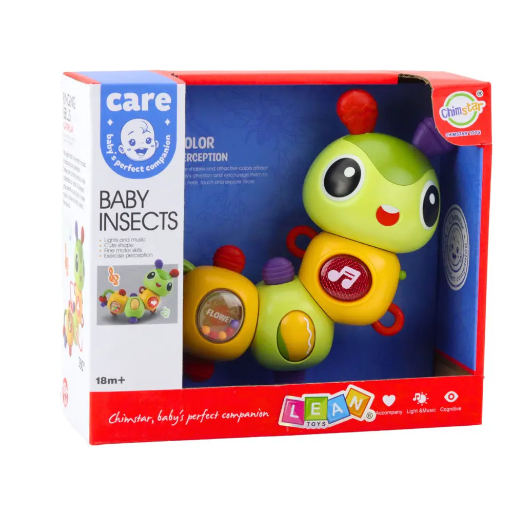 Ambalajul jucăriei Baby Insects cu omidă senzorială Lean Toys, recomandată de la 18 luni.