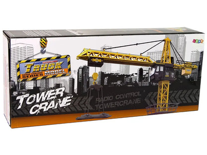 Ambalajul macaralei turn RC Lean Toys Truck Model Tower Crane, cu ilustrație de șantier și braț de macara.