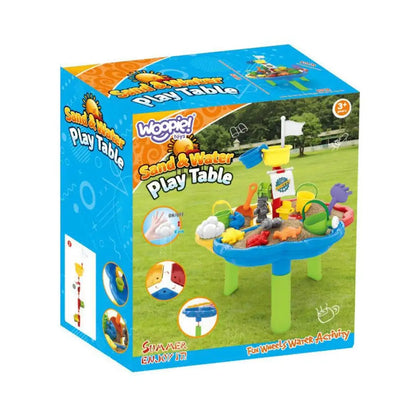 Ambalajul Woopie Sand and Water Play Table, masă de joacă pentru nisip și apă, recomandată de la 3 ani.