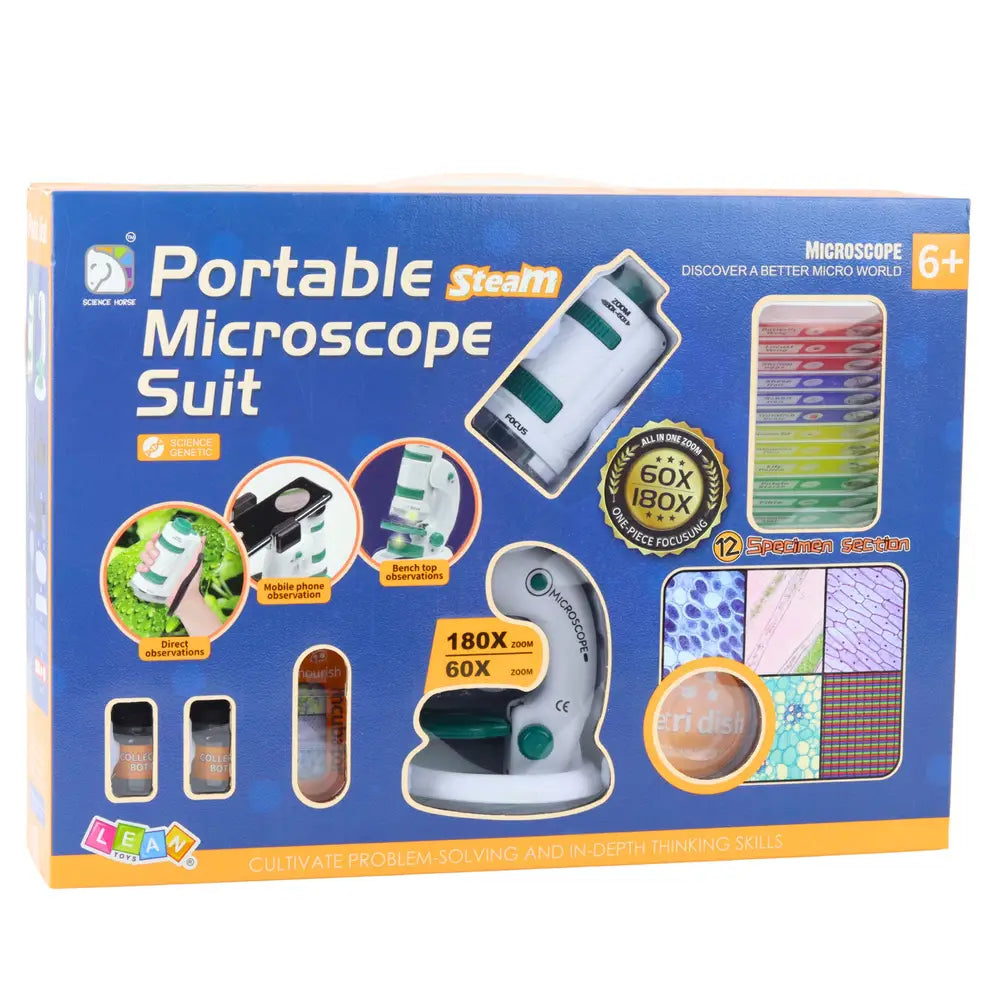 Ambalaj Portable Microscope Suit Lean Toys, set STEM cu 12 preparate și recomandare 6+ ani.
