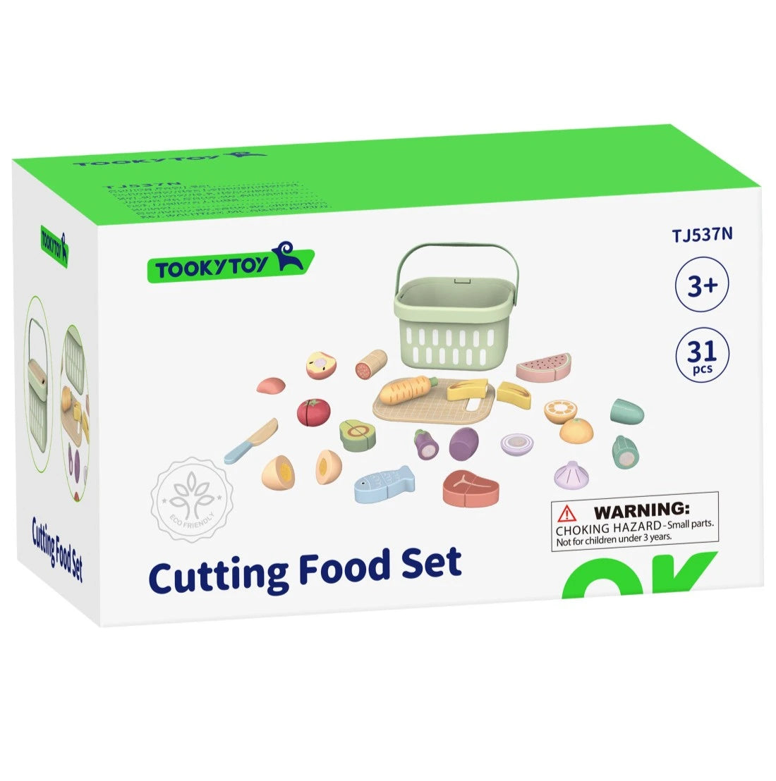 Ambalajul setului Tooky Toy Cutting Food Set TJ537N, cu marcaj 31 piese, 3+ ani și EAN 6972633378334.