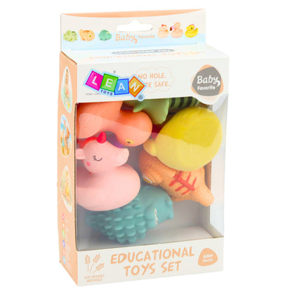 Ambalajul setului Lean Toys Educational Toys Set cu 6 animăluțe pastel pentru baie, recomandat 6+ luni.