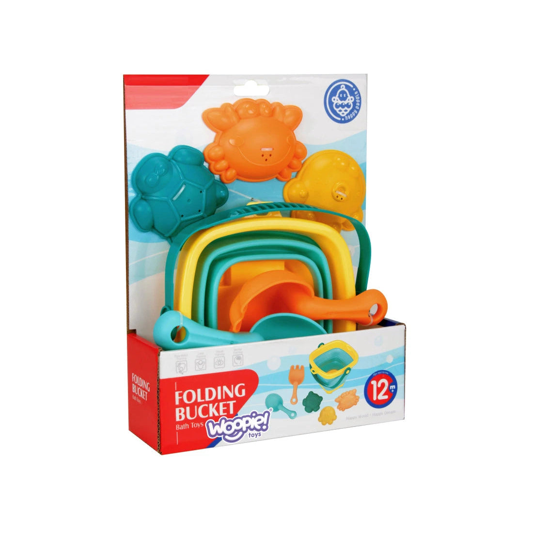 Ambalajul setului Woopie Baby Folding Bucket, cu găletușă pliabilă și accesorii pentru copii de la 12 luni.