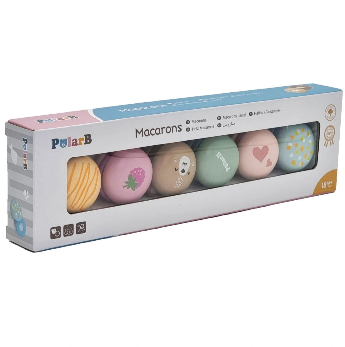 Ambalajul setului PolarB Viga Macarons 44087, cu cele 6 macarons vizibile și vârsta 18M+