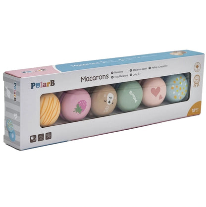 Ambalajul setului PolarB Viga Macarons 44087, cu cele 6 macarons vizibile și vârsta 18M+