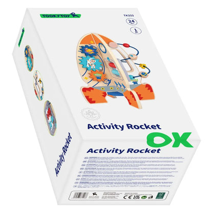 Spatele ambalajului Tooky Toy Activity Rocket, cu informatii de siguranta, cod de bare si marcaje CE.