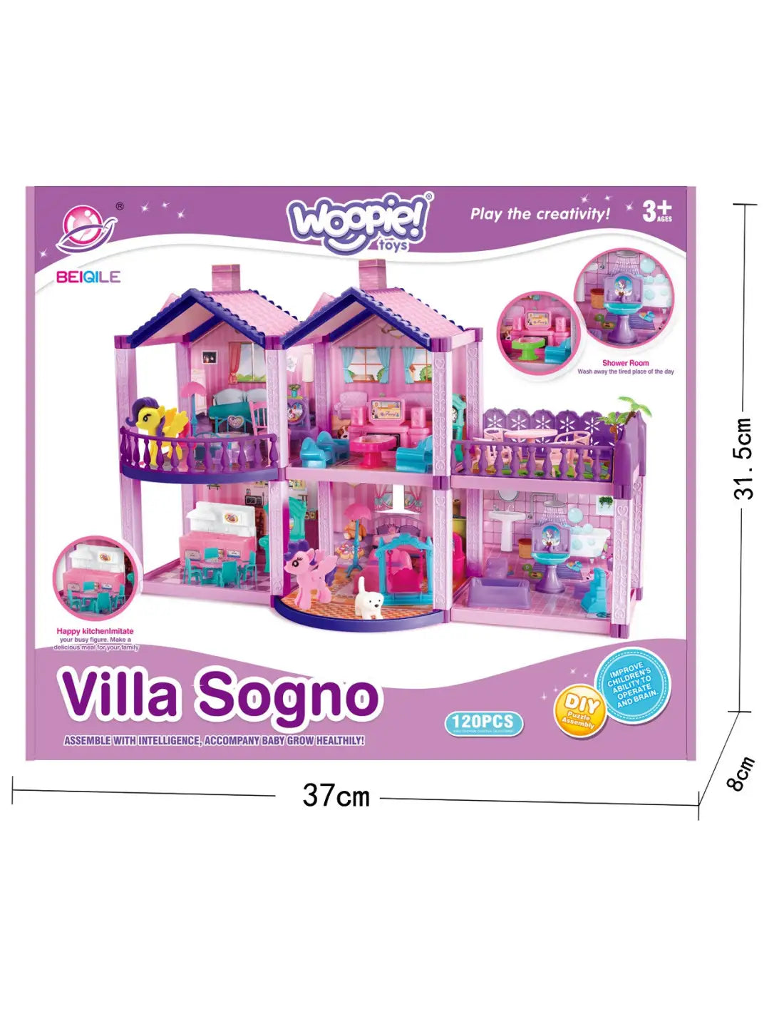 Ambalaj Villa Sogno WOOPIE cu 120 de piese și dimensiuni cutie.