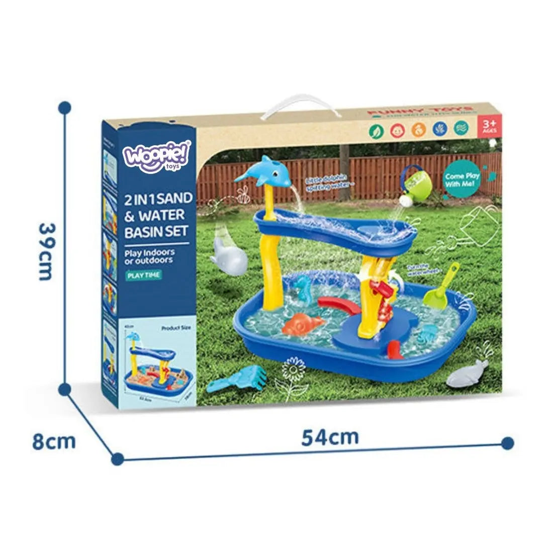 Ambalaj Woopie 2 in 1 Sand & Water Basin Set, cu delfin, bazin de apă și nisip și marcaj 3+ ani.