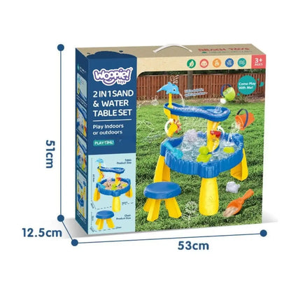 Ambalaj Woopie 2 in 1 Sand & Water Table Set, cu masă de apă și nisip, scăunel și marcaj 3+ ani.