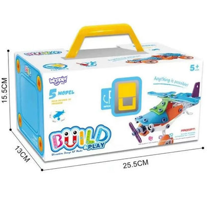 Cutia setului Woopie Build & Play 5 modele, cu mâner și dimensiuni aproximative 25,5 x 15,5 x 13 cm.