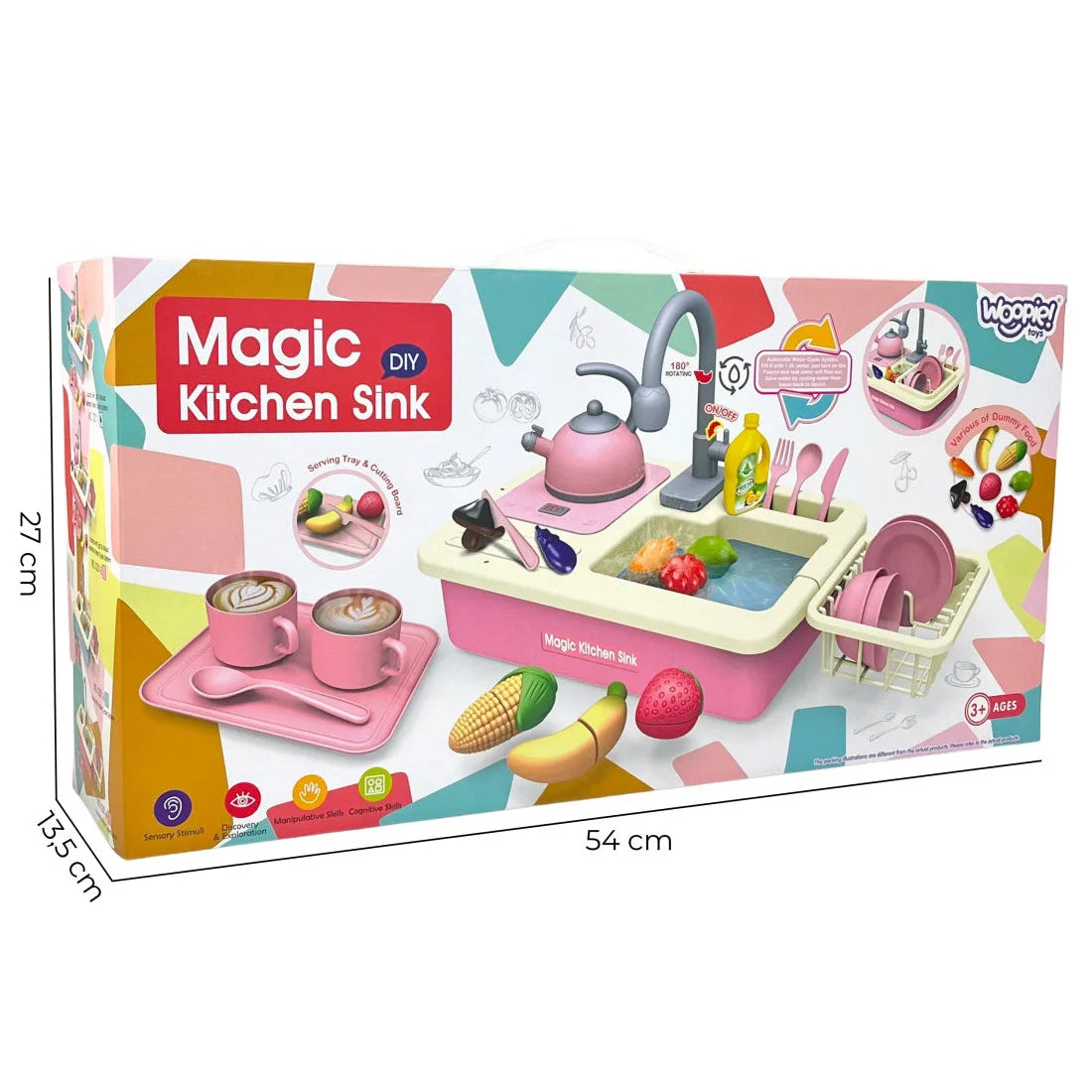 Ambalaj Woopie Magic Kitchen Sink cu dimensiuni cutie 54 x 27 x 13,5 cm și recomandare 3+ ani.