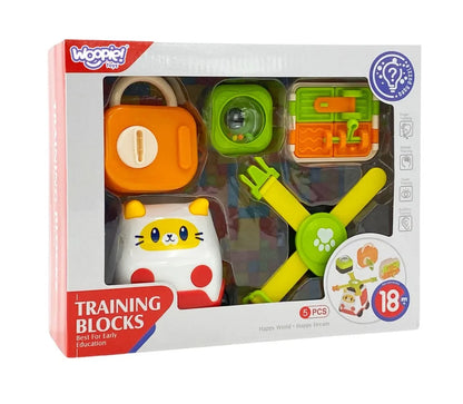 Jucărie senzorială Woopie Training Blocks cu mașinuță pisică și 4 blocuri detașabile.