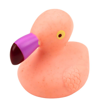 Animăluț de baie pasăre roz Lean Toys, din cauciuc moale, cu cioc mov și formă ușor de apucat.