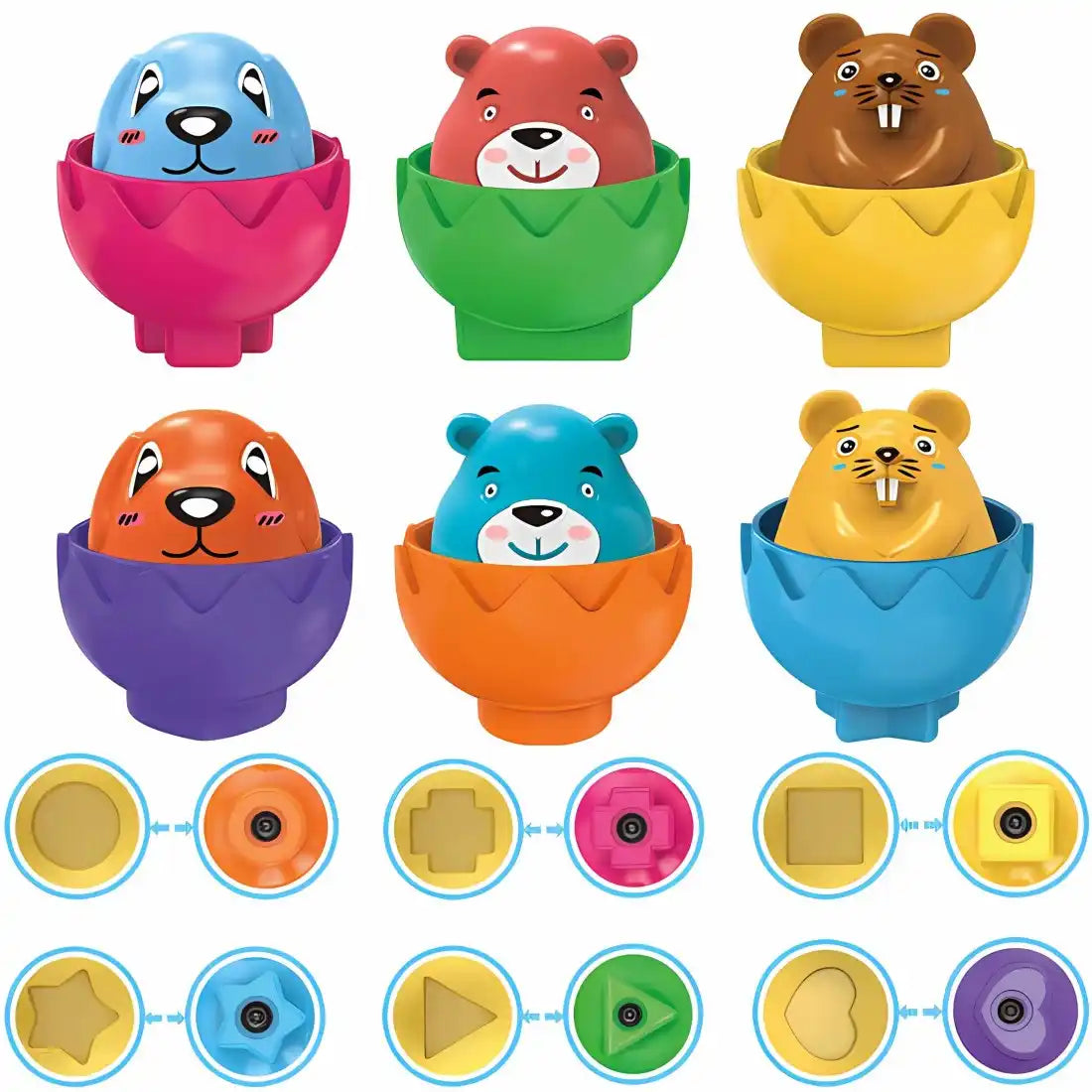 Cele 6 ouă Woopie cu animale colorate și forme geometrice dedesubt pentru potrivire.
