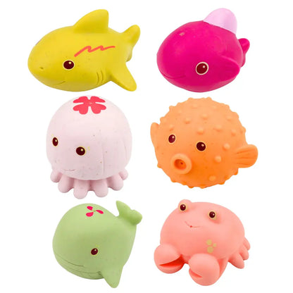 Cele 6 animale marine Lean Toys din cauciuc moale, în culori pastel, pentru joaca bebelușilor la baie.