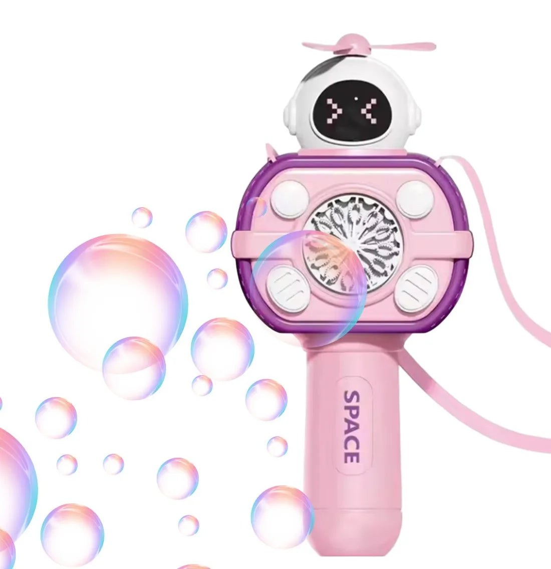 Aparat baloane de săpun Space Bubble Machine roz cu design de roboțel spațial