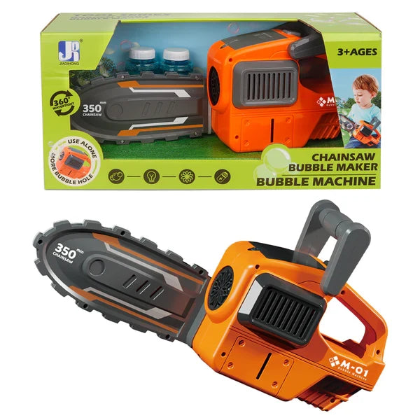 Aparat baloane de săpun Woopie Chainsaw Bubble Maker tip drujbă portocalie, cu ambalaj.