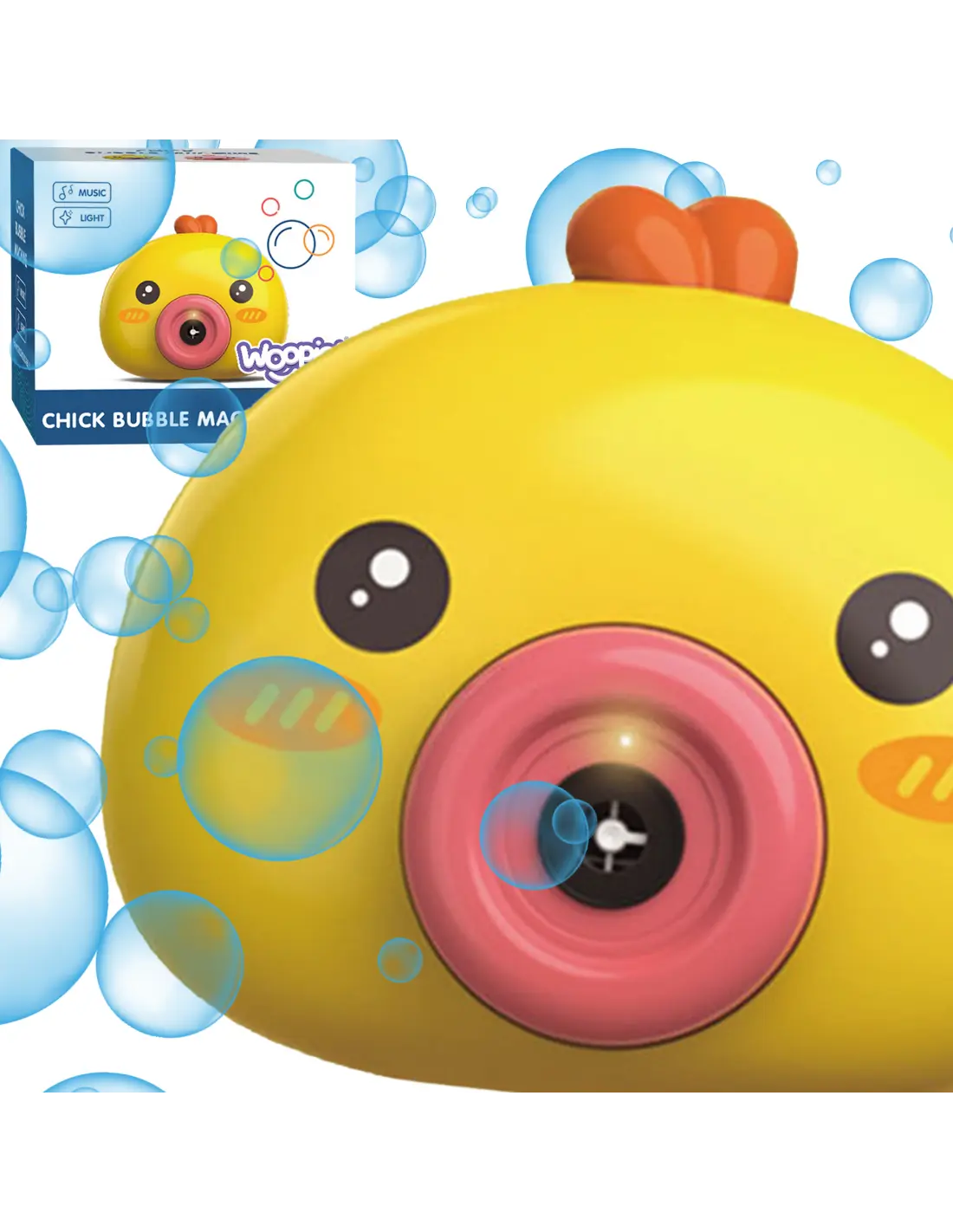Aparat Woopie Chick Bubble Machine cu ambalaj, marcaje pentru muzica, lumina si varsta 3+ ani.