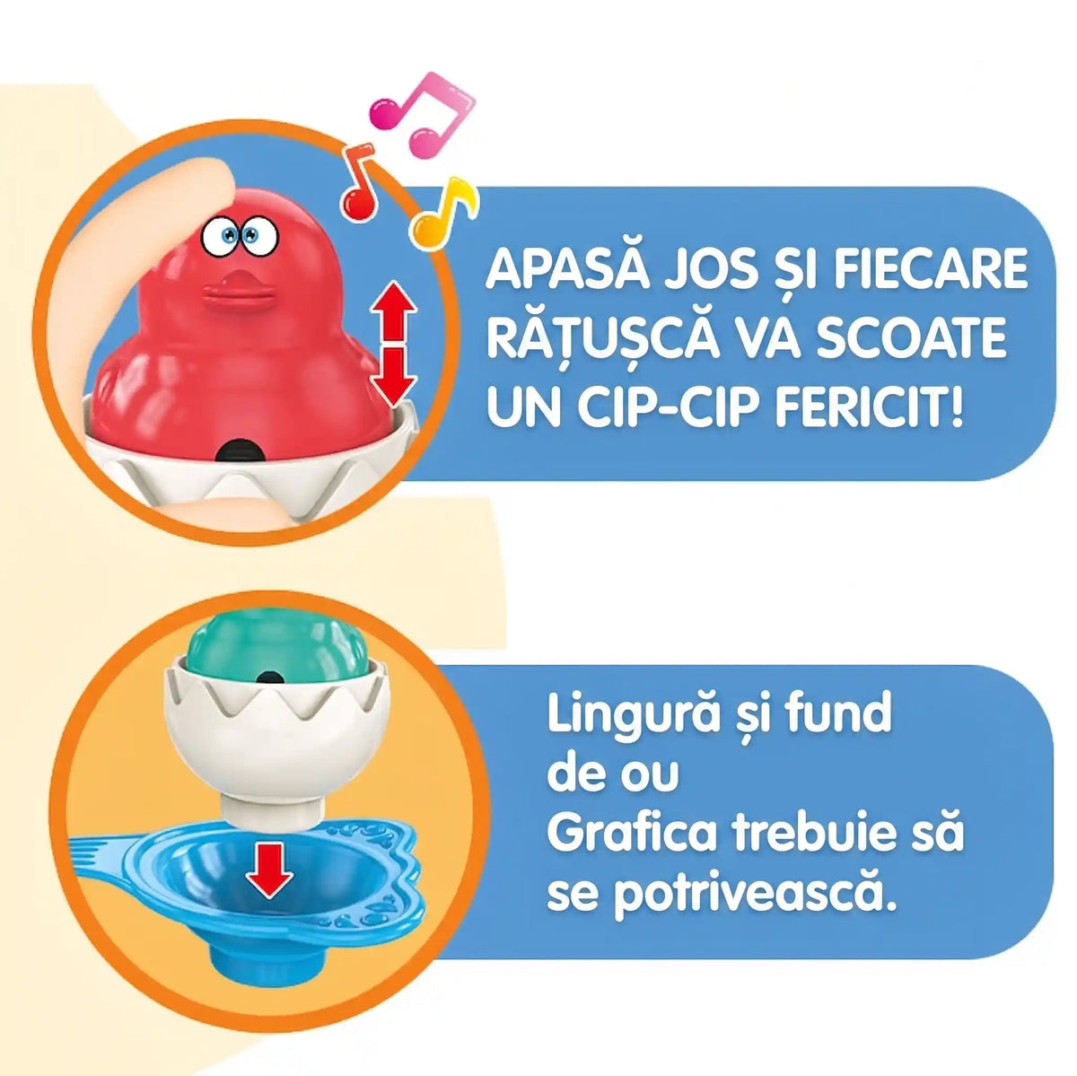 Infografic Woopie cu ou și puișor care se apasă pentru sunet, plus potrivirea formelor geometrice.